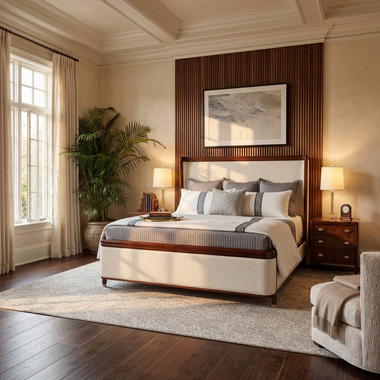 Upholstered bed side angle view, California King size.