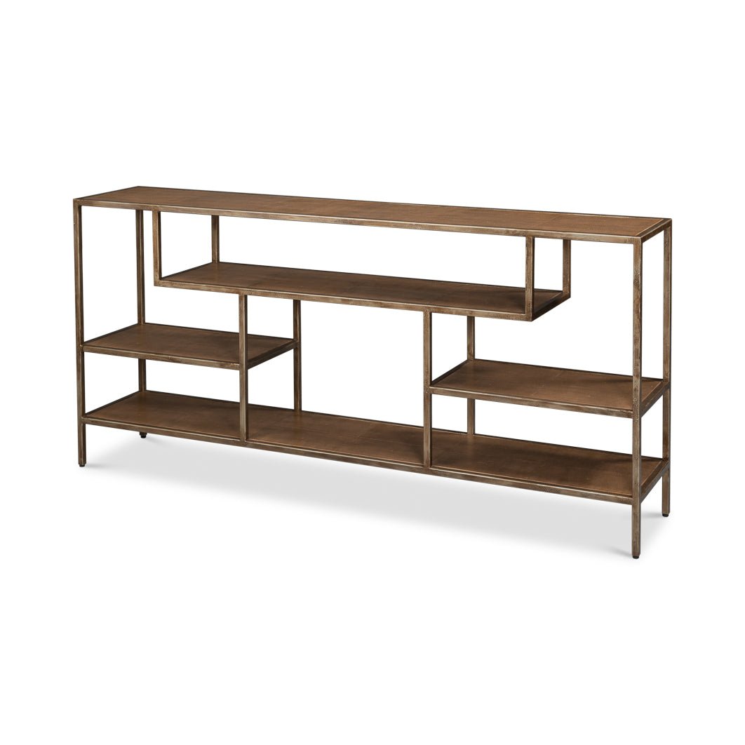 Antique Bronzed Console Table with Brown Leather - English Georgian America