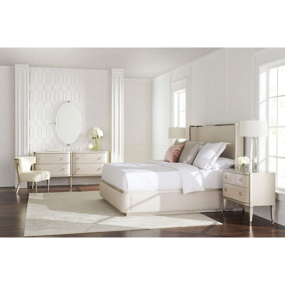 Art Deco Style Upholstered King Bed with Tortoise Inlay - English Georgian America