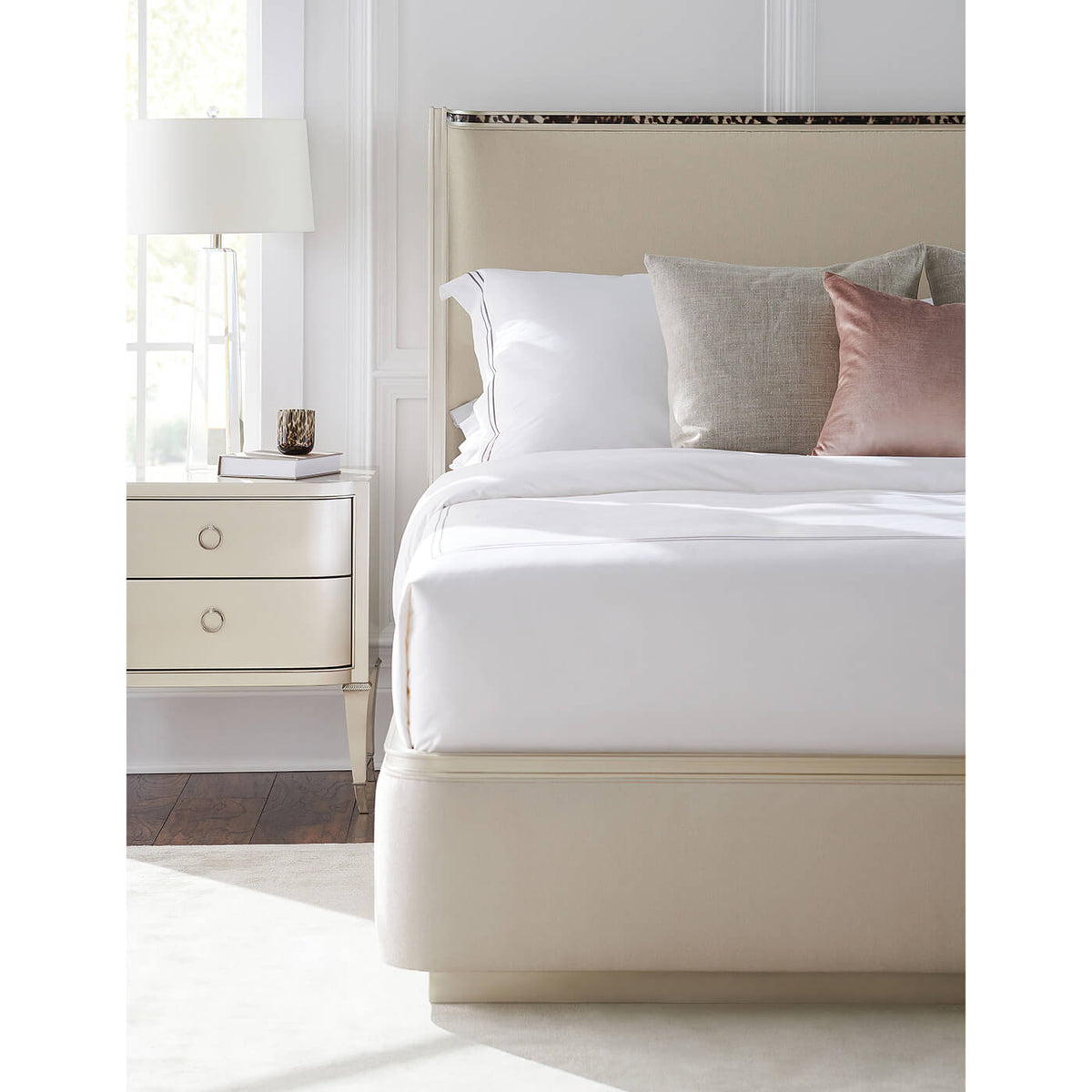 Art Deco Style Upholstered King Bed with Tortoise Inlay - English Georgian America