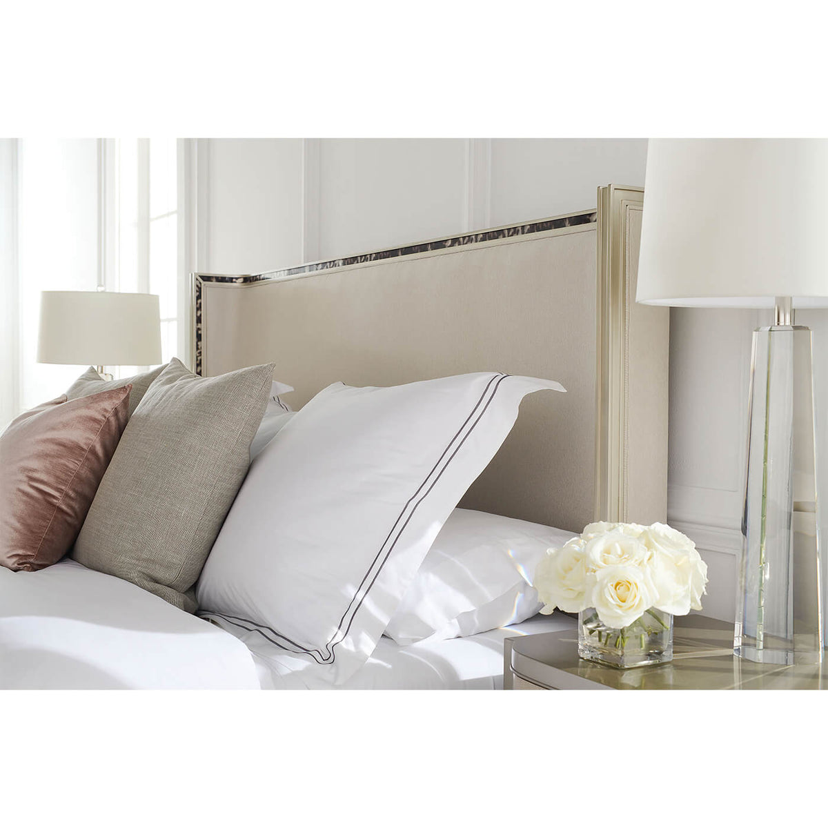 Art Deco Style Upholstered King Bed with Tortoise Inlay - English Georgian America