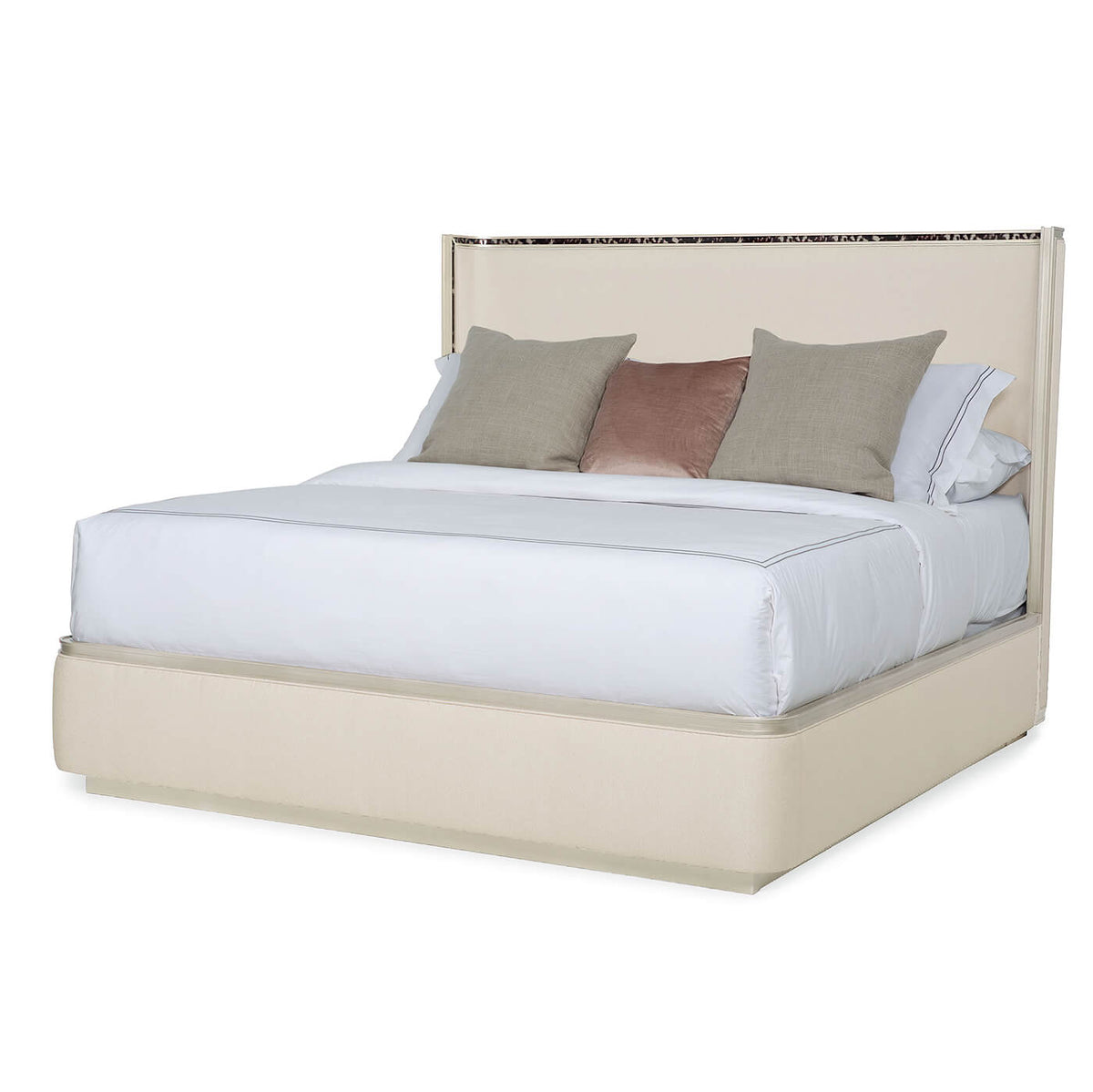 Art Deco Style Upholstered King Bed with Tortoise Inlay - English Georgian America