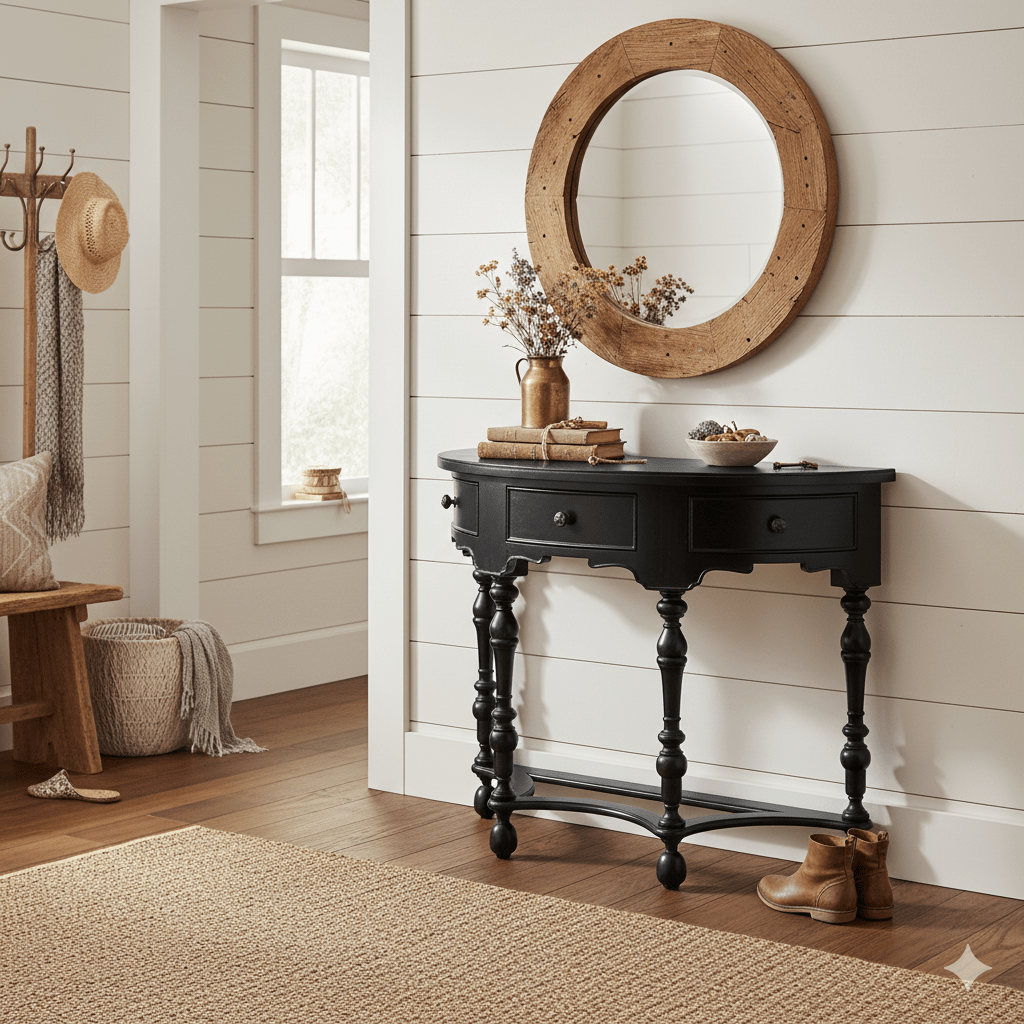 Black Demilune Console Table with Drawers - English Georgian America