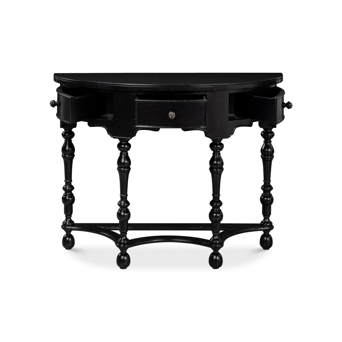 Black Demilune Console Table with Drawers - English Georgian America