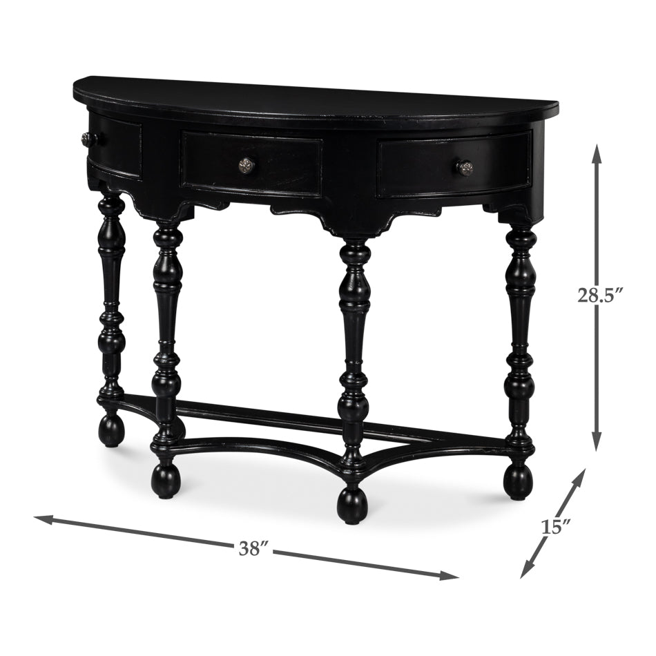 Black Demilune Console Table with Drawers - English Georgian America