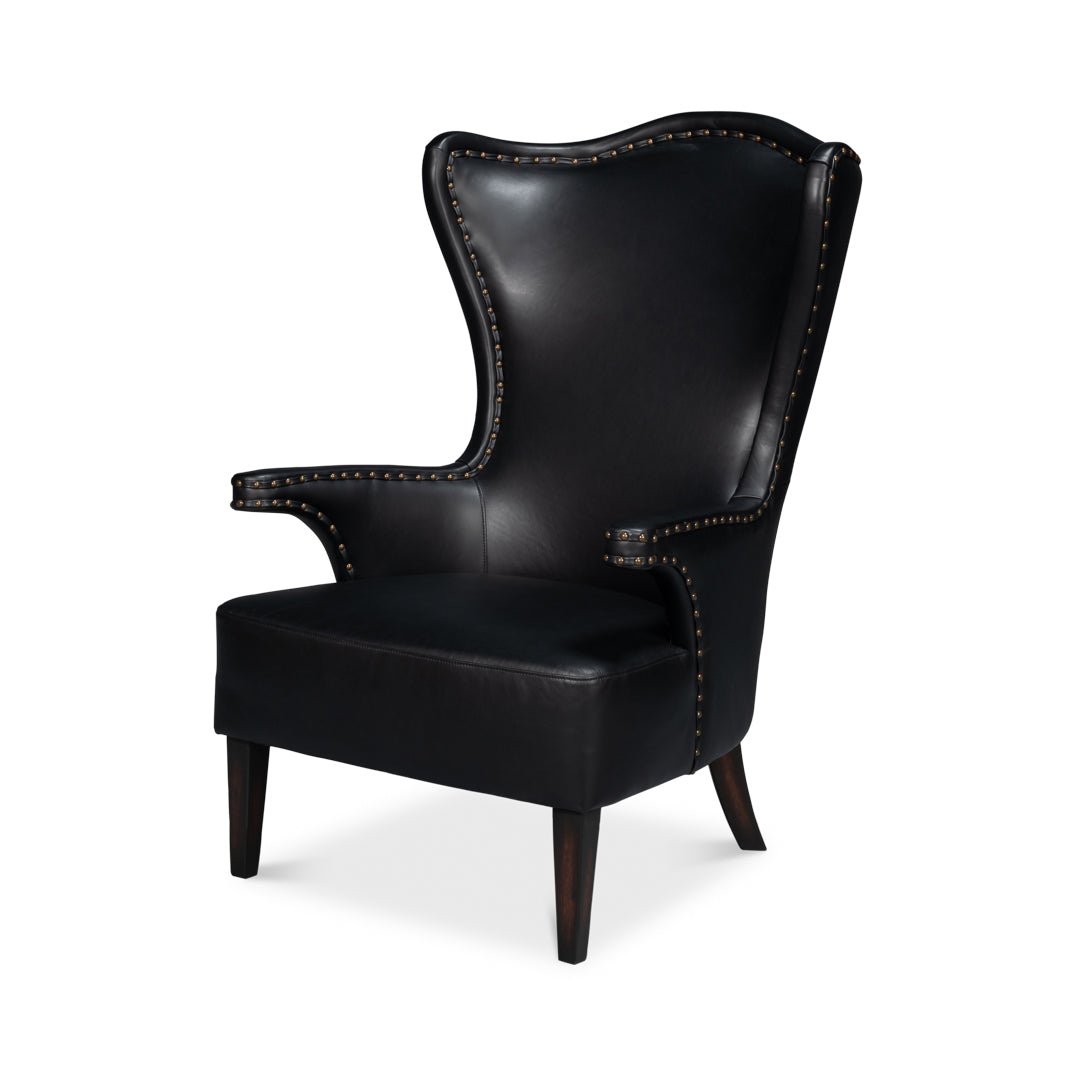 Black High Back Leather Wing Chair - English Georgian America