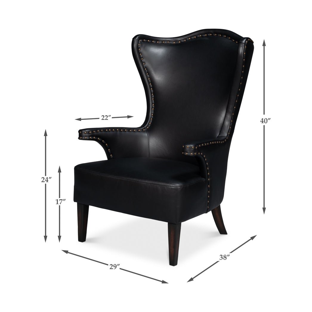 Black High Back Leather Wing Chair - English Georgian America