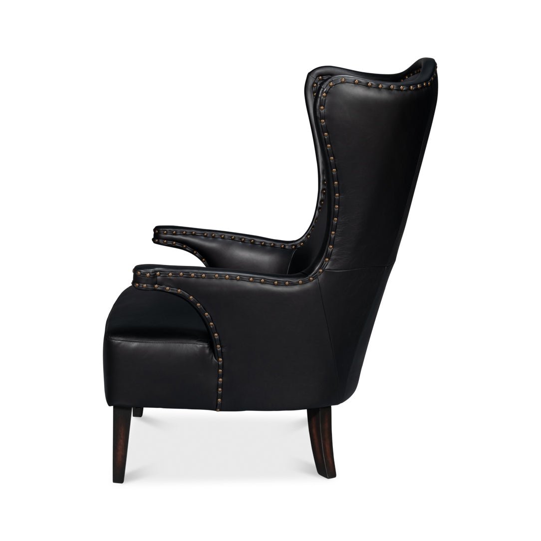 Black High Back Leather Wing Chair - English Georgian America