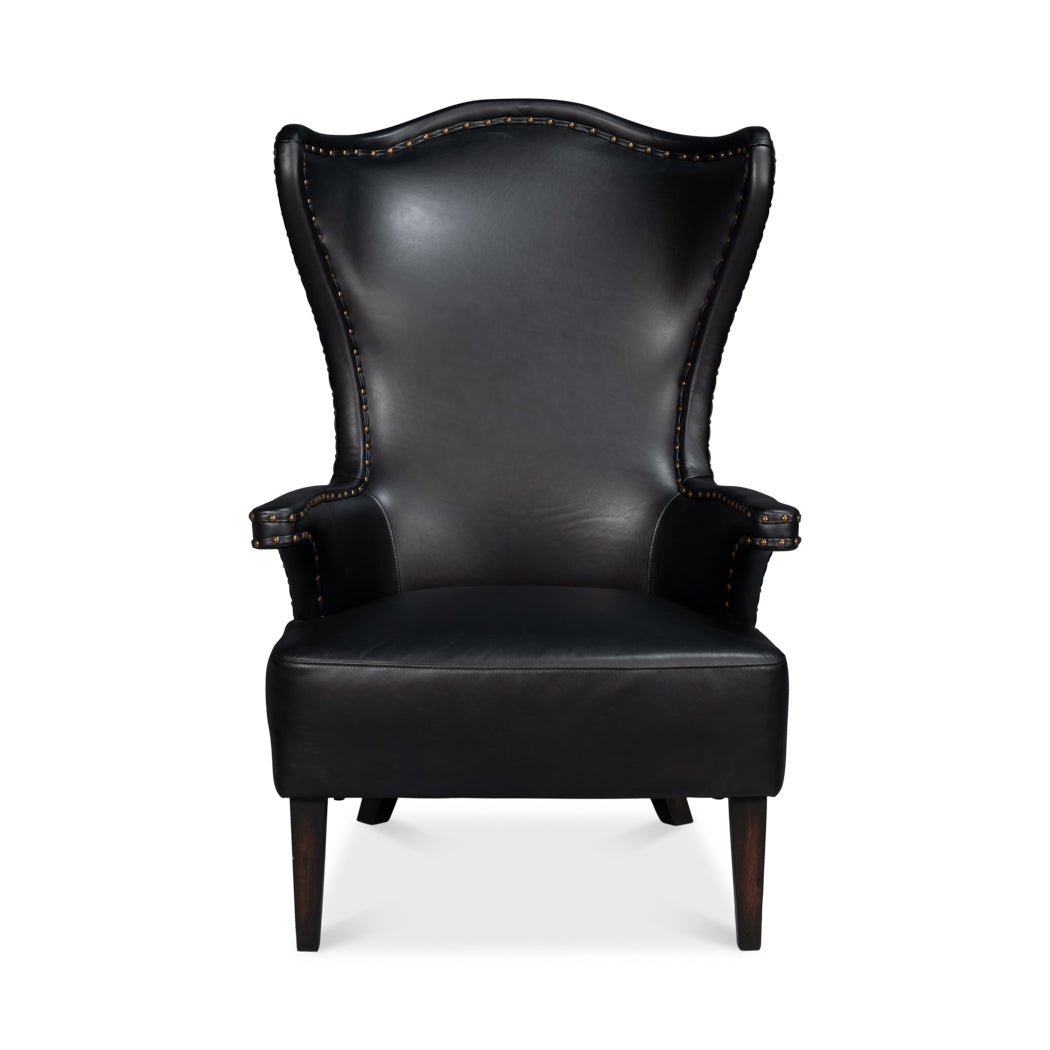 Black High Back Leather Wing Chair - English Georgian America