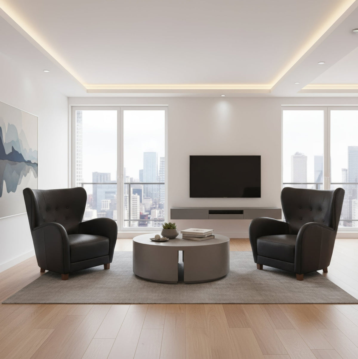 Black Leather Modern Wing Chair - English Georgian America