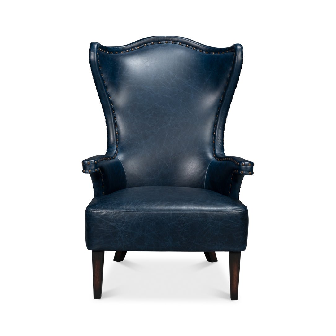 Blue High Back Leather Wing Chair - English Georgian America