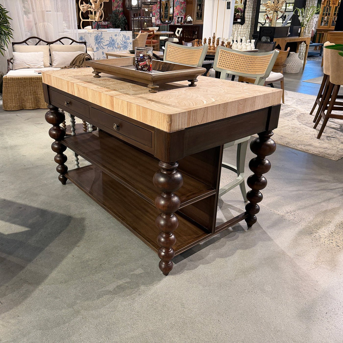 Bobbin Leg Butcher Block Kitchen Island - English Georgian America