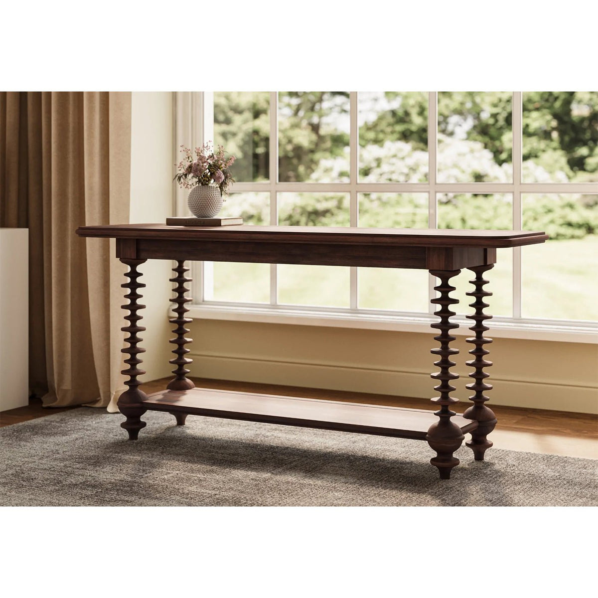 Bobbin Leg Console Table in Dark Walnut Finish - English Georgian America
