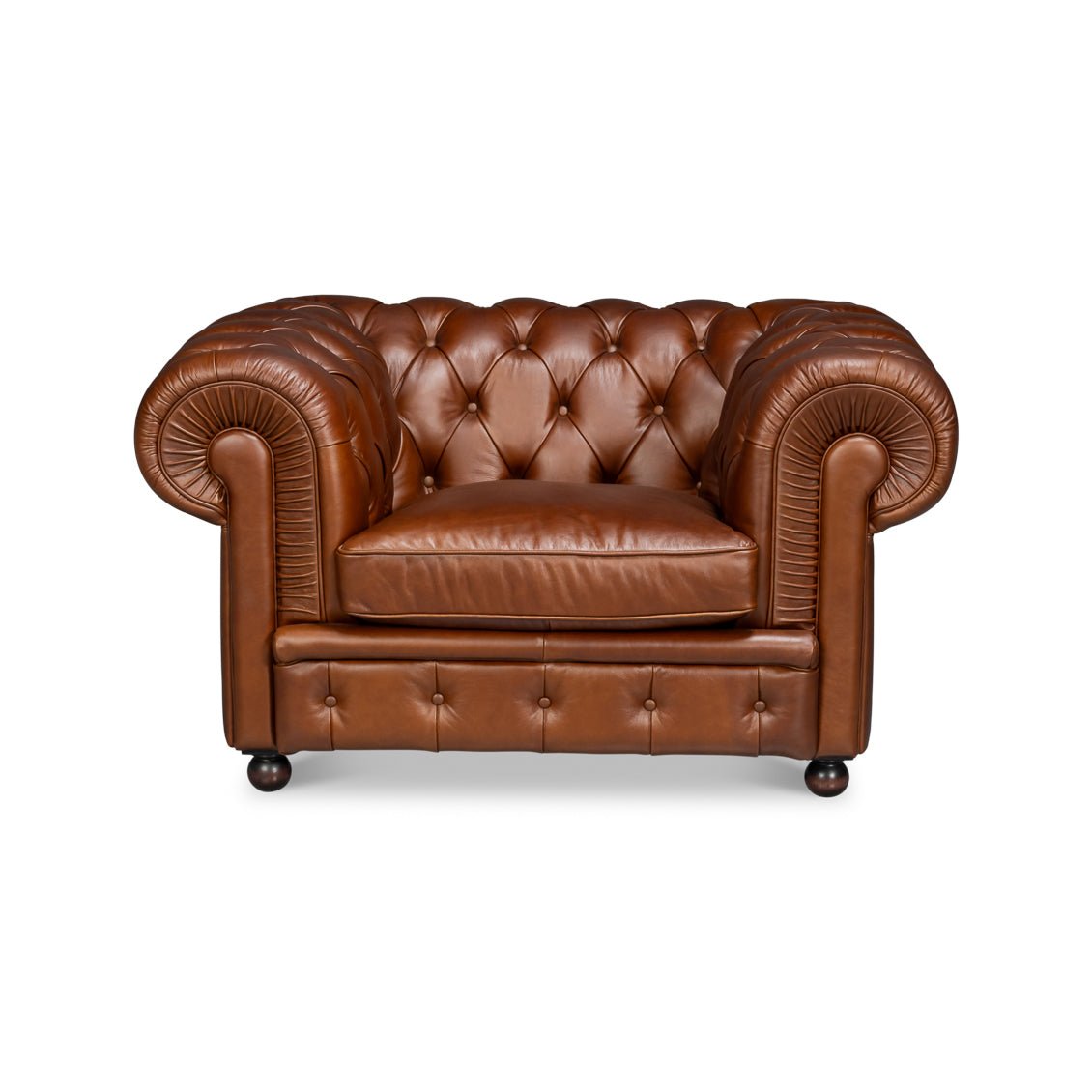 British Brown Leather Chesterfield Armchair – Tufted Rolled Arm Club Chair - English Georgian America