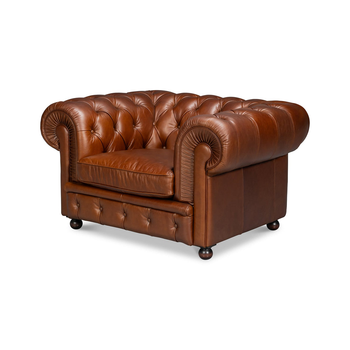 British Brown Leather Chesterfield Armchair – Tufted Rolled Arm Club Chair - English Georgian America