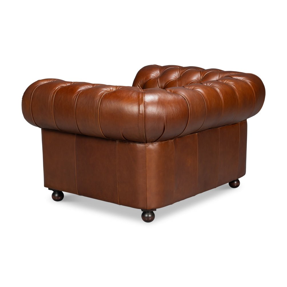 British Brown Leather Chesterfield Armchair – Tufted Rolled Arm Club Chair - English Georgian America