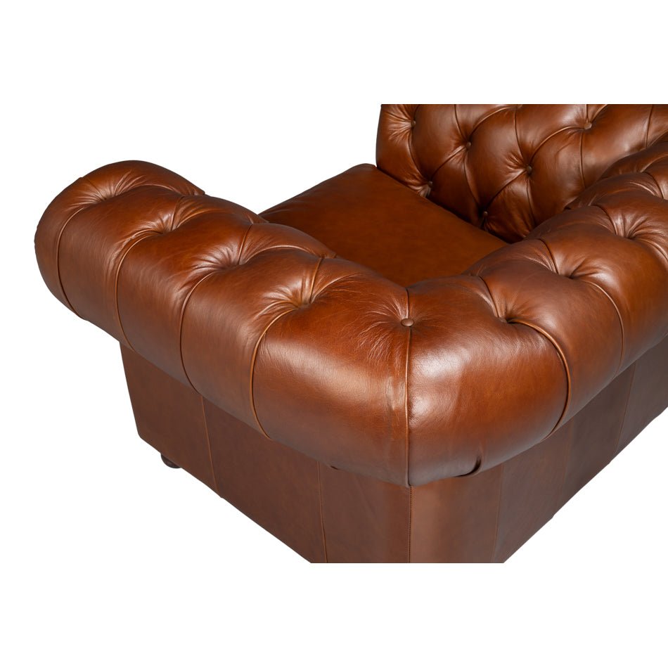 British Brown Leather Chesterfield Armchair – Tufted Rolled Arm Club Chair - English Georgian America