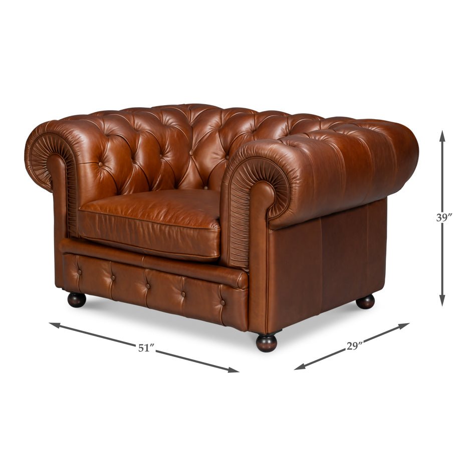 British Brown Leather Chesterfield Armchair – Tufted Rolled Arm Club Chair - English Georgian America