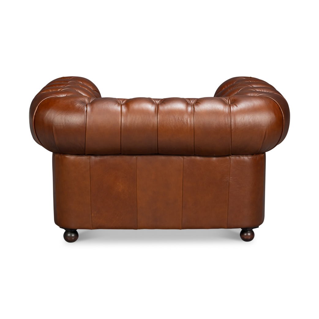 British Brown Leather Chesterfield Armchair – Tufted Rolled Arm Club Chair - English Georgian America