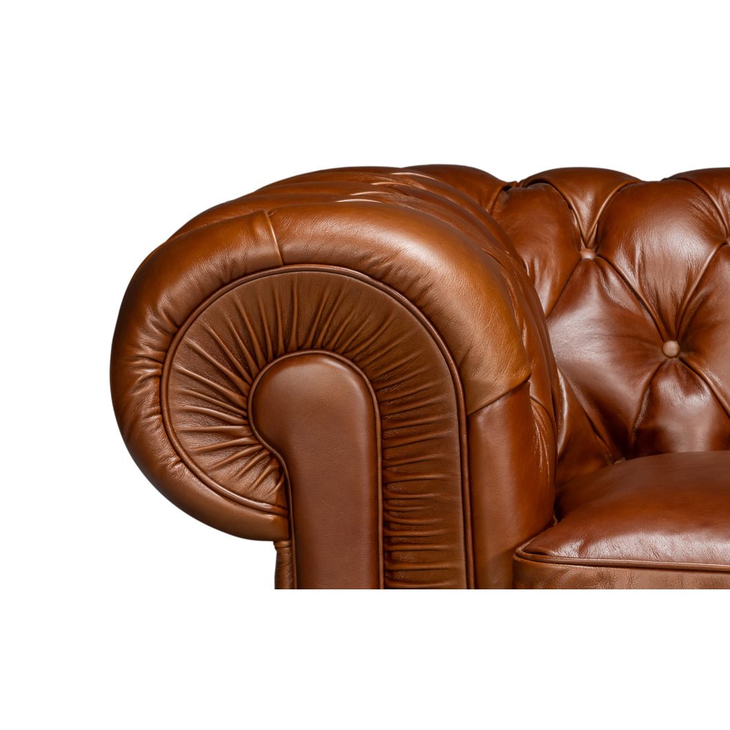 British Brown Leather Chesterfield Sofa – Tufted Classic Rolled Arm Couch - English Georgian America
