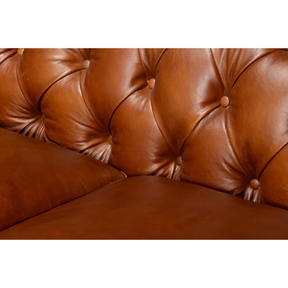 British Brown Leather Chesterfield Sofa – Tufted Classic Rolled Arm Couch - English Georgian America