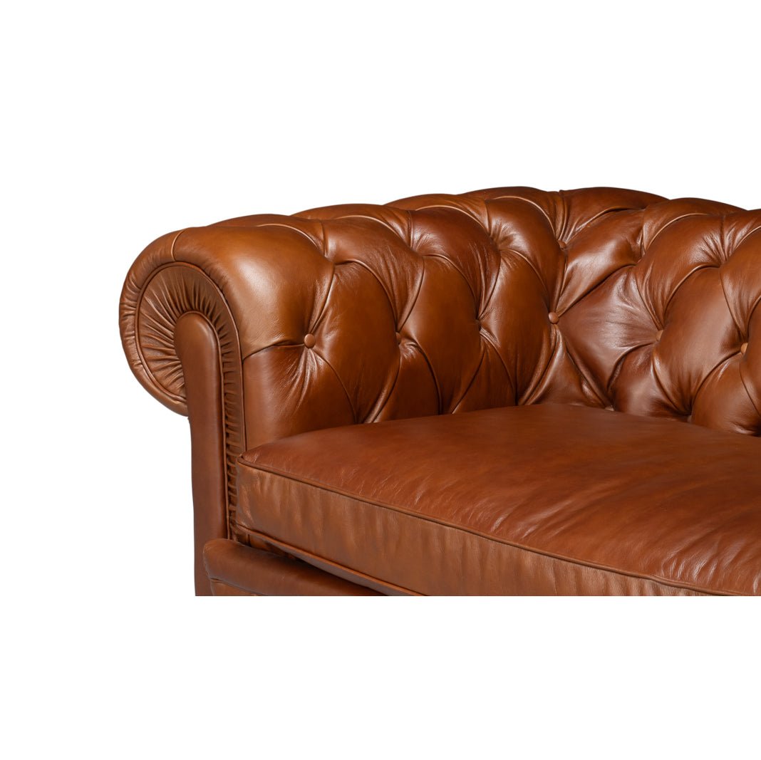 British Brown Leather Chesterfield Sofa – Tufted Classic Rolled Arm Couch - English Georgian America