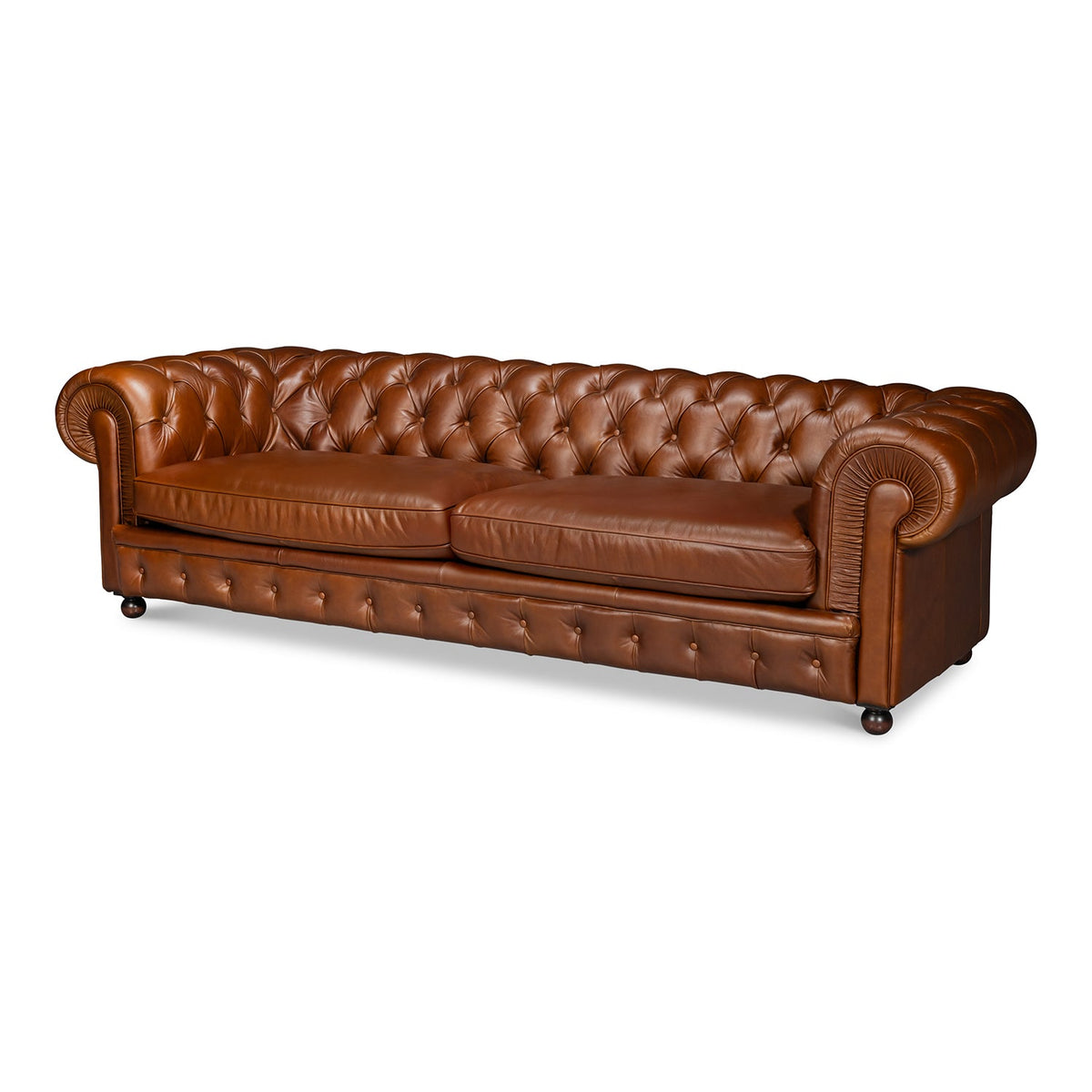 British Brown Leather Chesterfield Sofa – Tufted Classic Rolled Arm Couch - English Georgian America