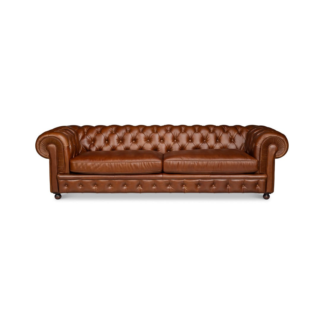 British Brown Leather Chesterfield Sofa – Tufted Classic Rolled Arm Couch - English Georgian America