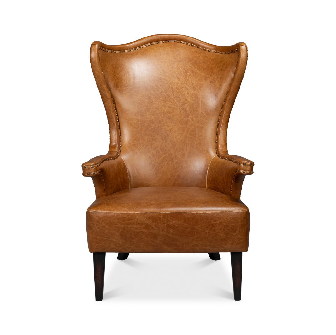 Brown High Back Leather Wing Chair - English Georgian America