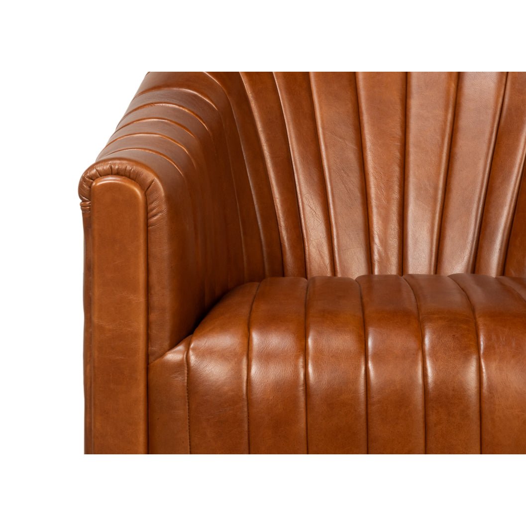 Brown Leather Channel Tufted Swivel Chair - English Georgian America