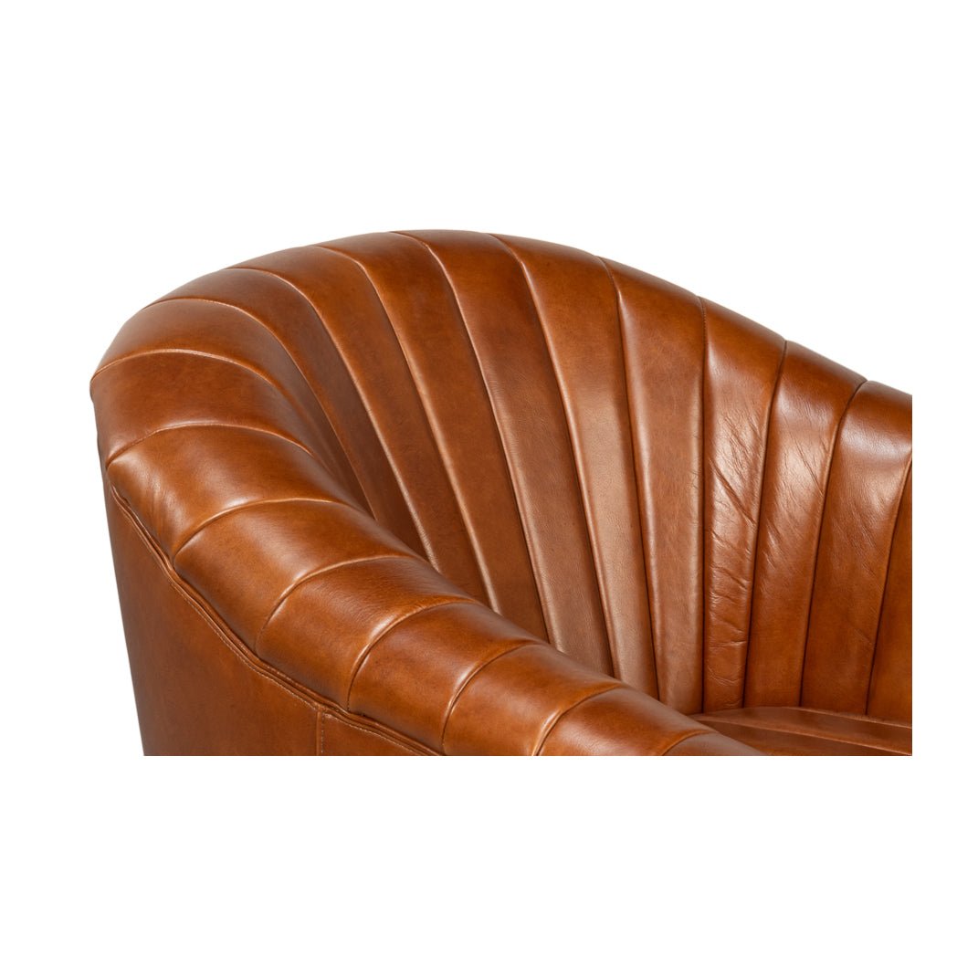 Brown Leather Channel Tufted Swivel Chair - English Georgian America
