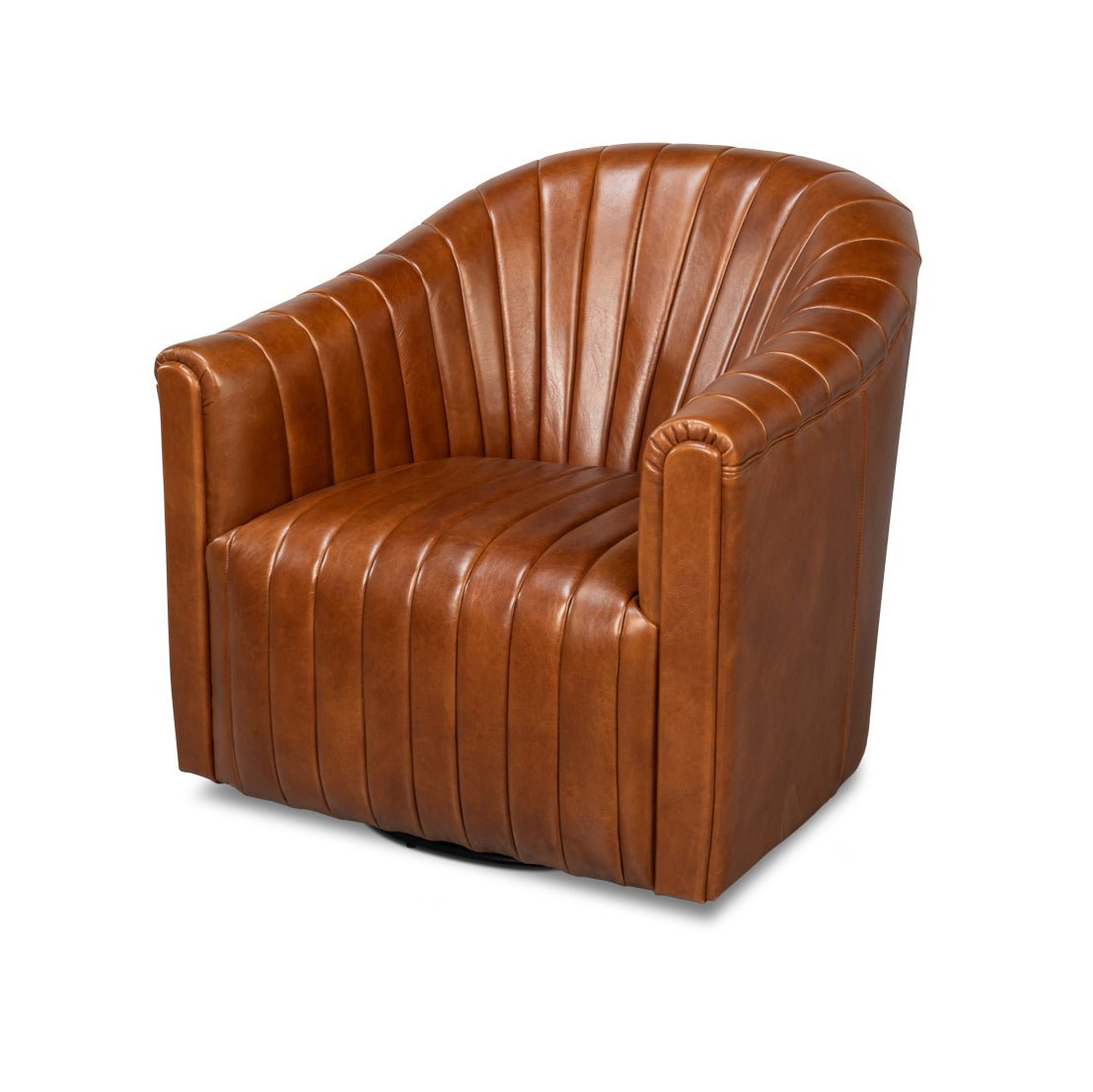 Brown Leather Channel Tufted Swivel Chair - English Georgian America