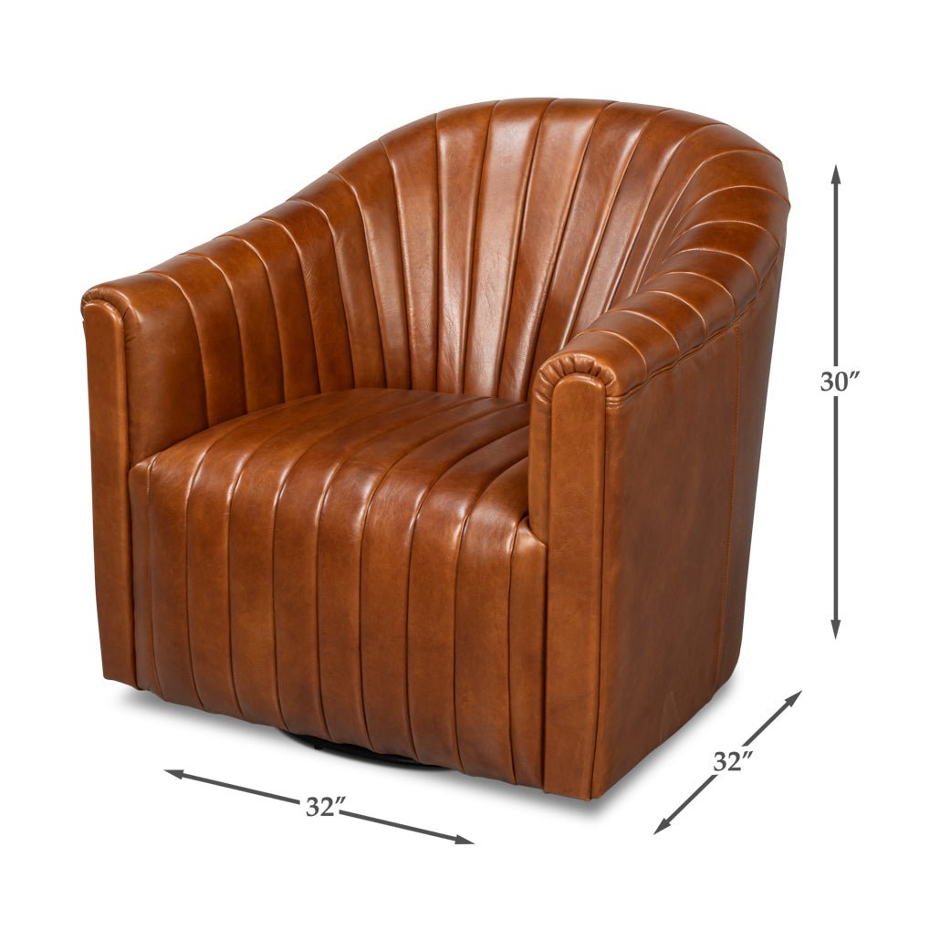 Brown Leather Channel Tufted Swivel Chair - English Georgian America