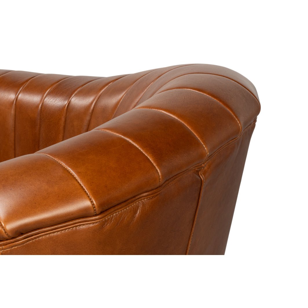 Brown Leather Channel Tufted Swivel Chair - English Georgian America