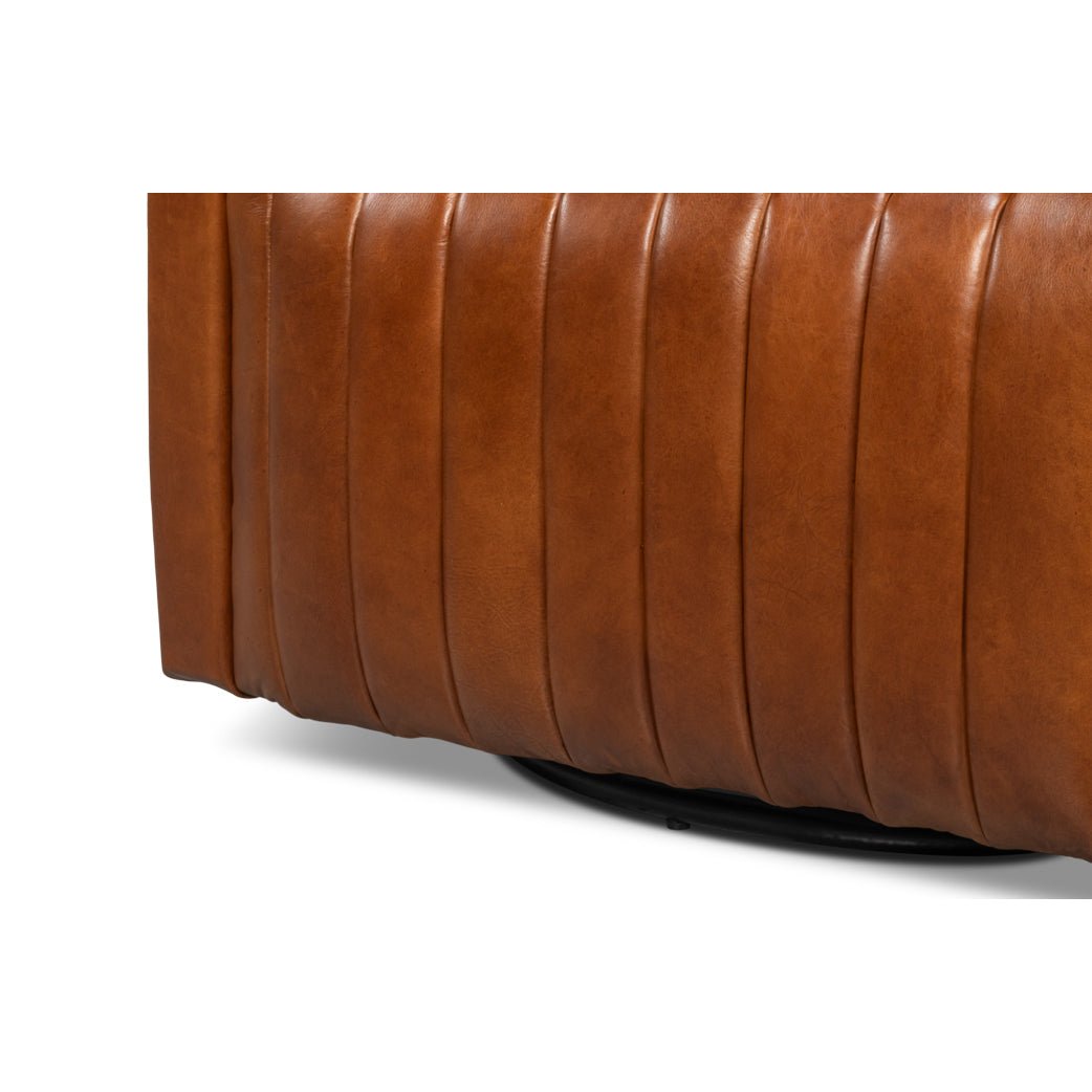 Brown Leather Channel Tufted Swivel Chair - English Georgian America