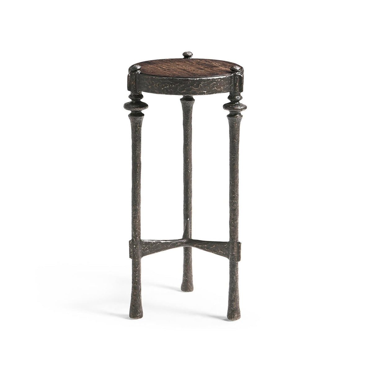 Side angle of wood top accent table, three legs.