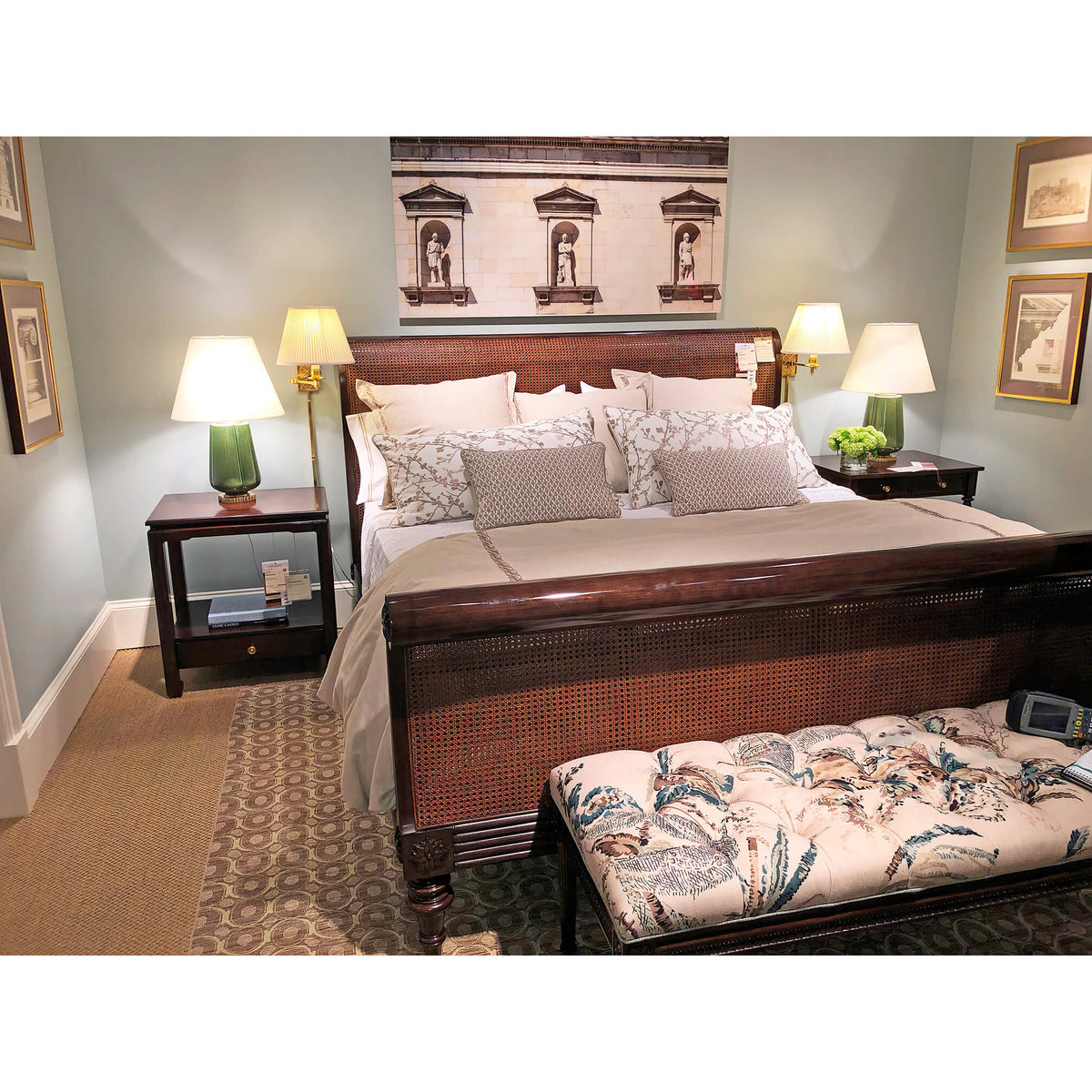 Caned Regency Sleigh King Bed - English Georgian America