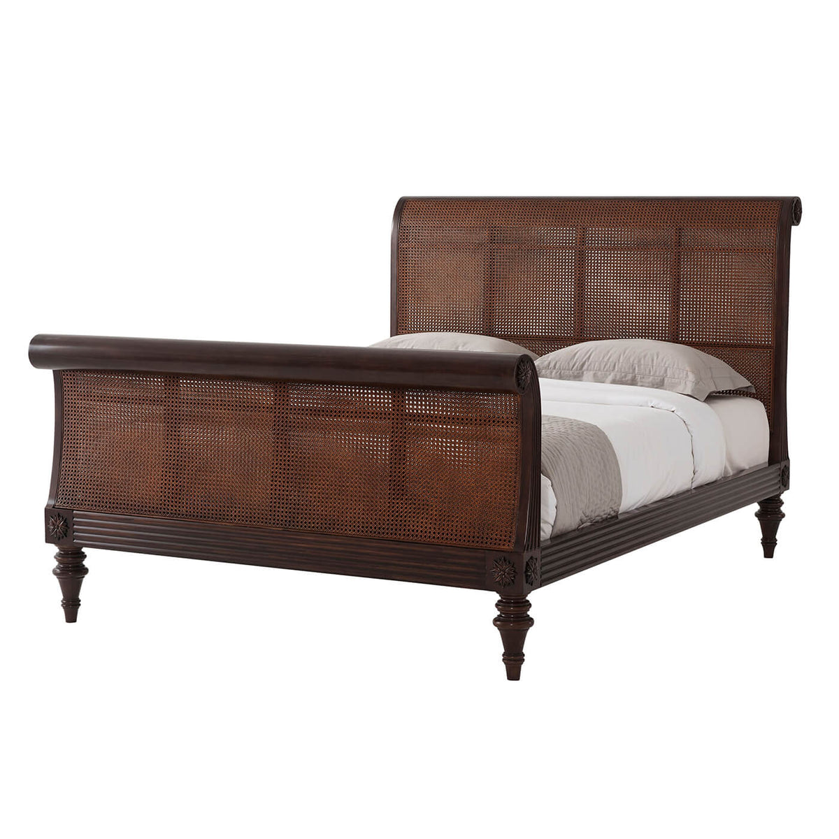 Caned Regency Sleigh Queen Bed - English Georgian America