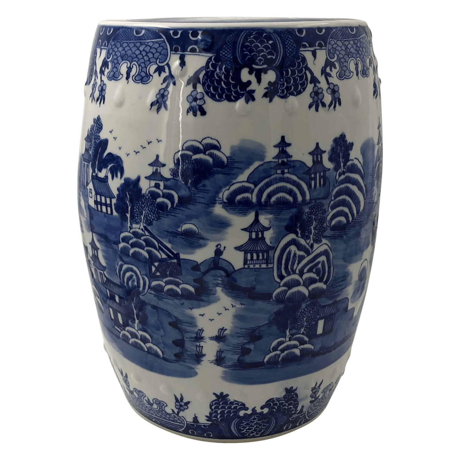Chinese porcelain garden stool with village landscape design.
