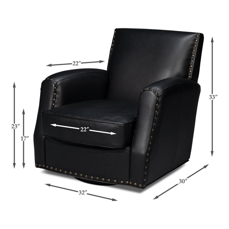 Classic Black Leather Swivel Armchair - English Georgian America