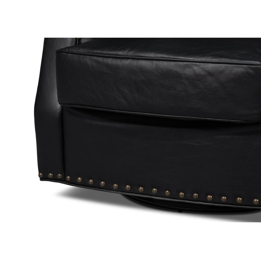 Classic Black Leather Swivel Armchair - English Georgian America