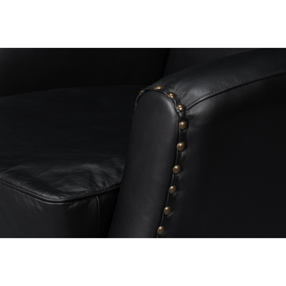 Classic Black Leather Swivel Armchair - English Georgian America