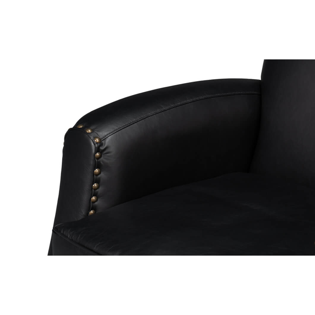 Classic Black Leather Swivel Armchair - English Georgian America