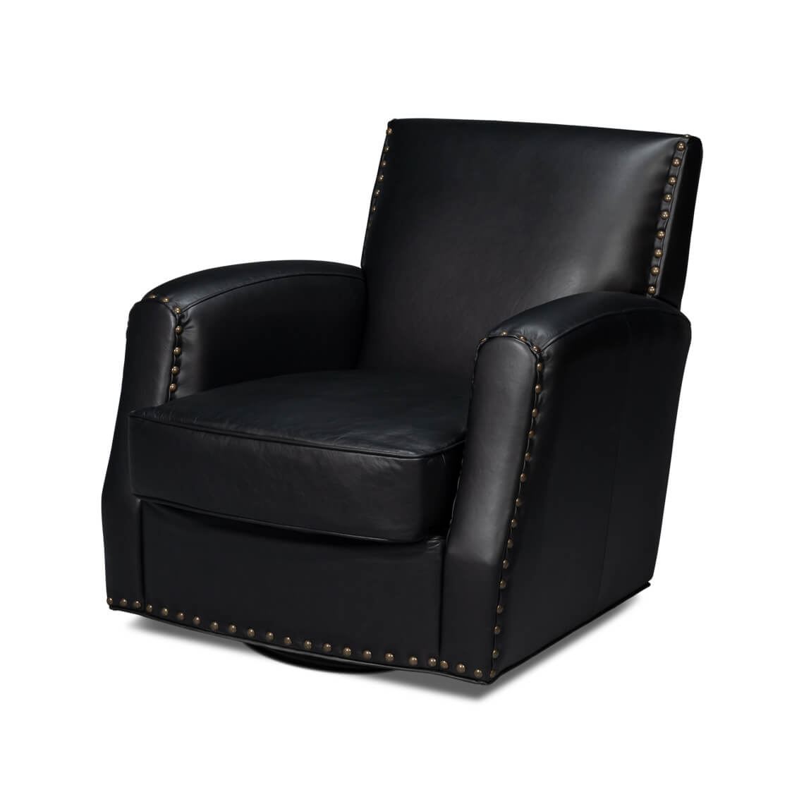 Classic Black Leather Swivel Armchair - English Georgian America