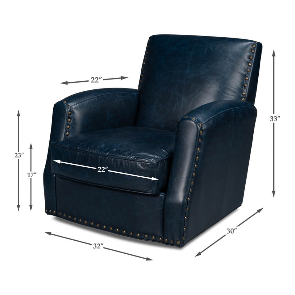 Classic Blue Leather Swivel Armchair - English Georgian America