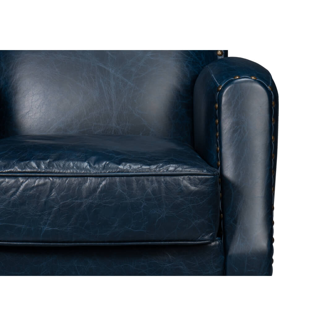 Classic Blue Leather Swivel Armchair - English Georgian America