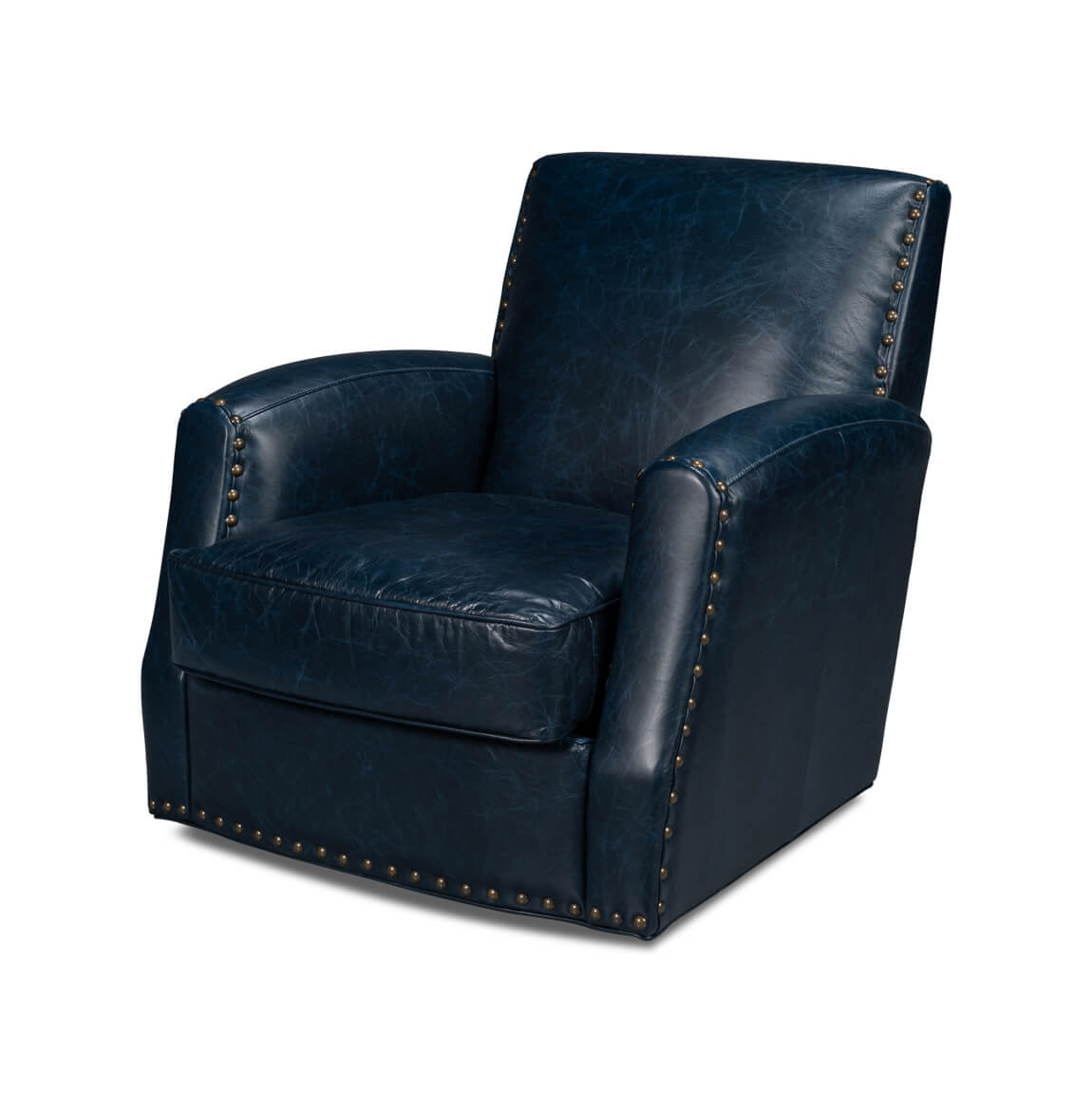 Classic Blue Leather Swivel Armchair - English Georgian America