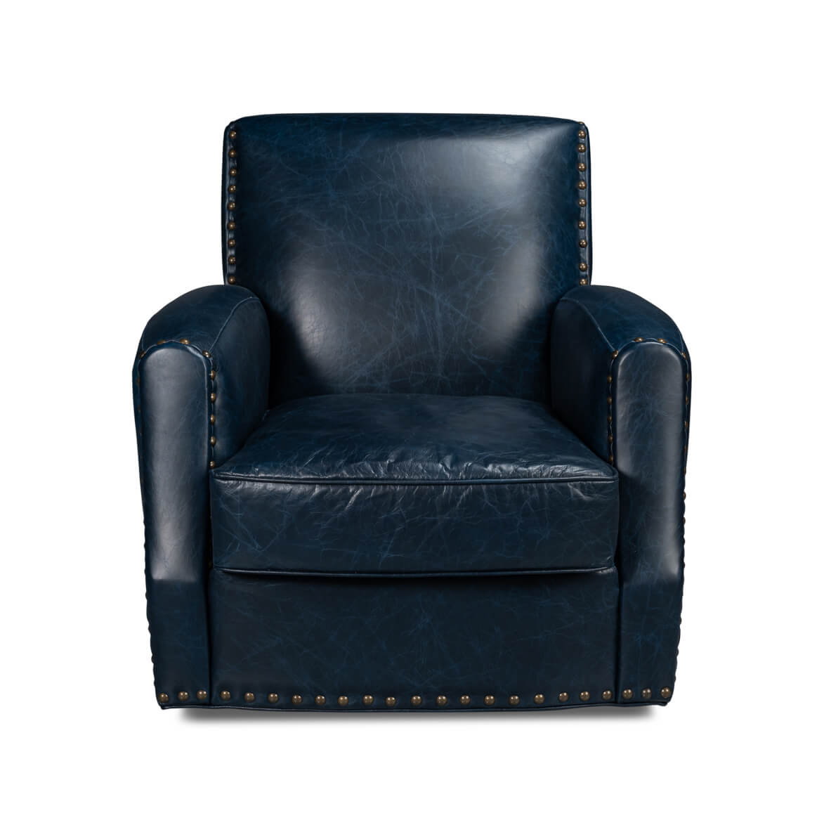 Classic Blue Leather Swivel Armchair - English Georgian America