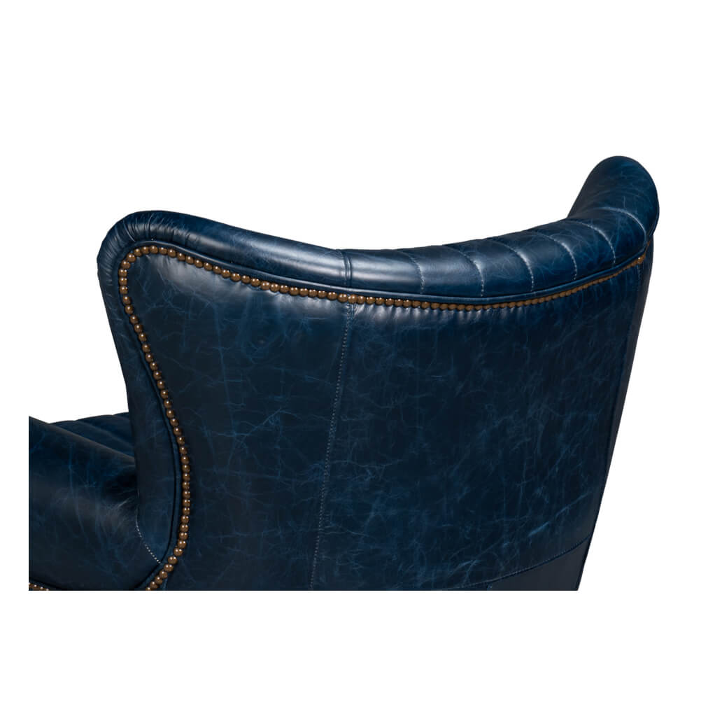 Classic Blue Leather Swivel Chair - English Georgian America