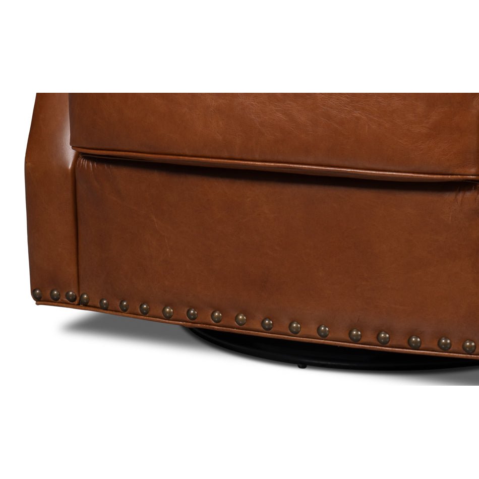 Classic Brown Leather Swivel Armchair - English Georgian America